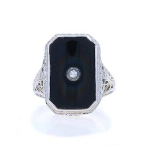 White Gold Onyx Diamond Art Deco Ring - 18k Vintage Filigree Milgrain
